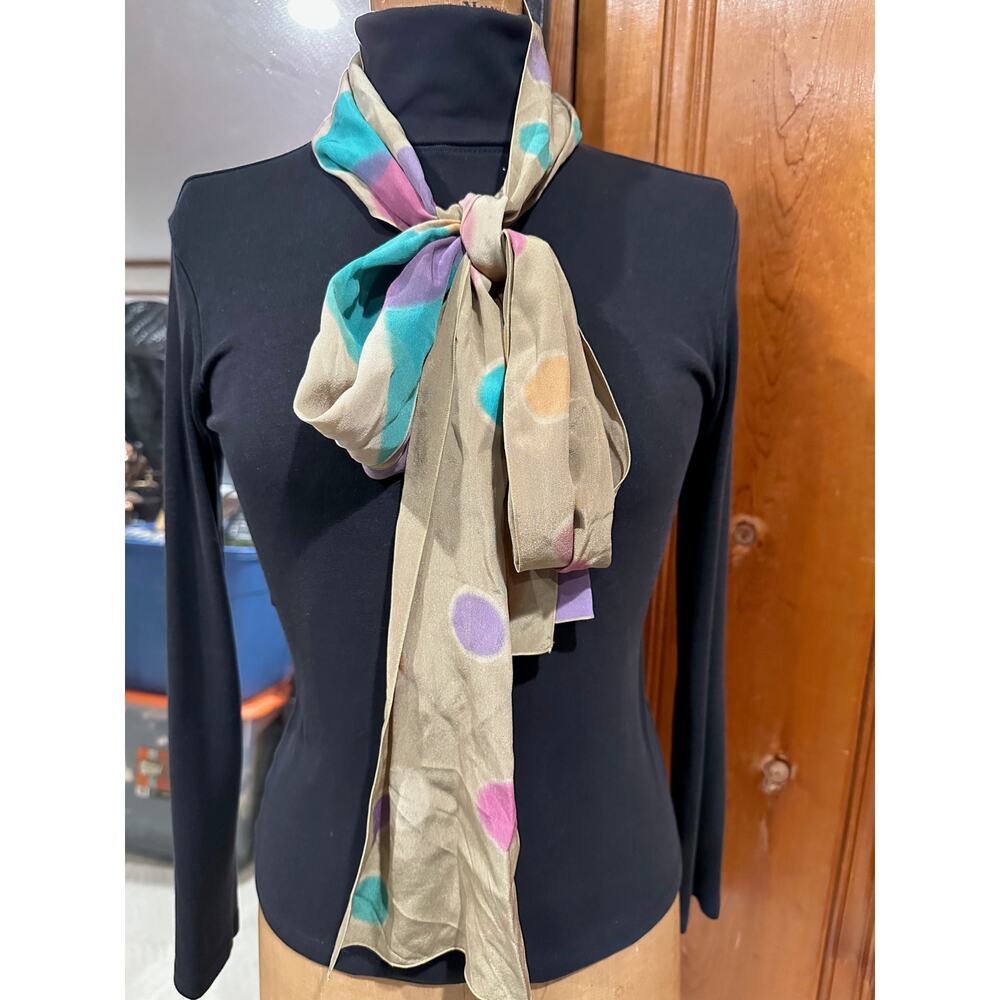 Vintage Long (64") Silk Scarf with Multicolor Batik Circles